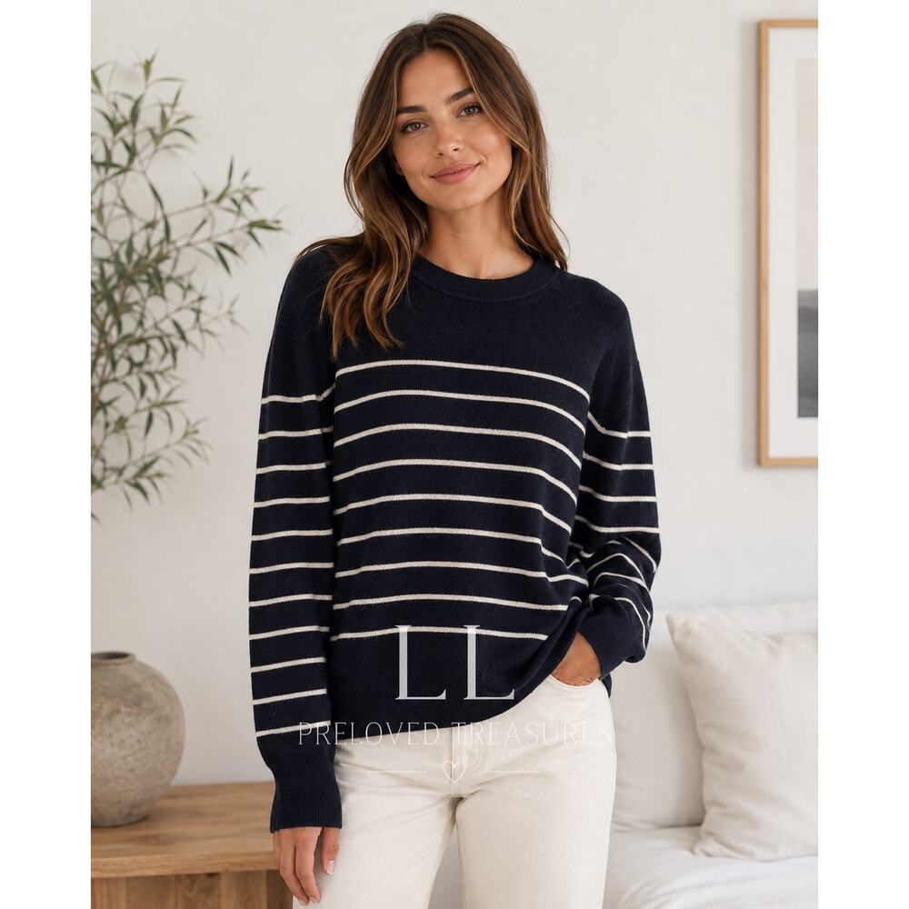 Nili Lotan Striped Cotton Cashmere Sweater Navy White Women’s‎ Size L